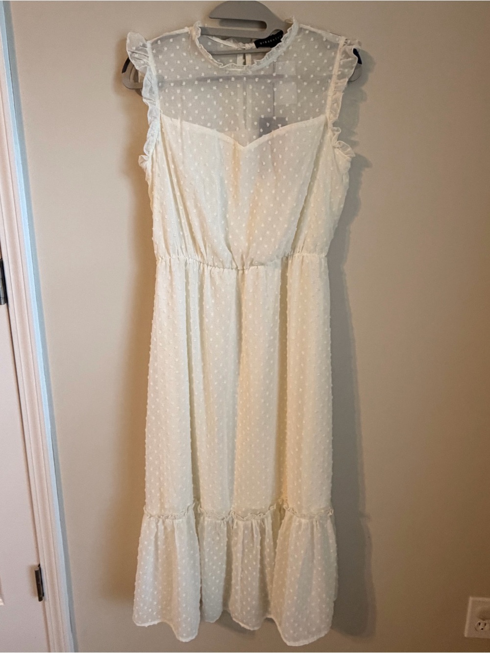 Gibson look Ivory Swiss Dot Midi Dress with Ruffle Trim